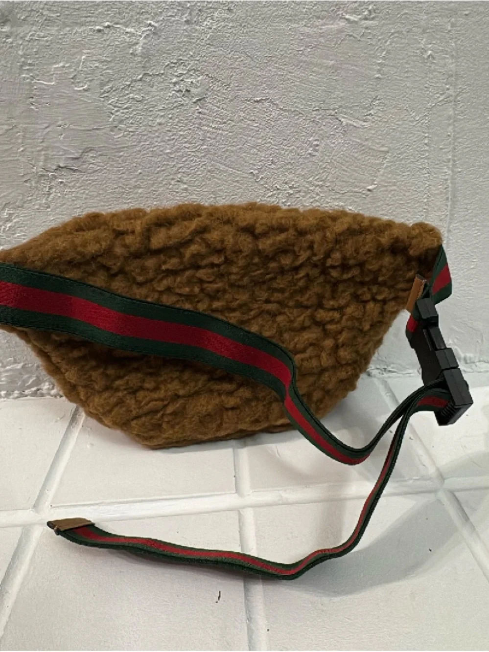 Gucci Brown Shearling Logo Belt Bag with Green-Red Trim